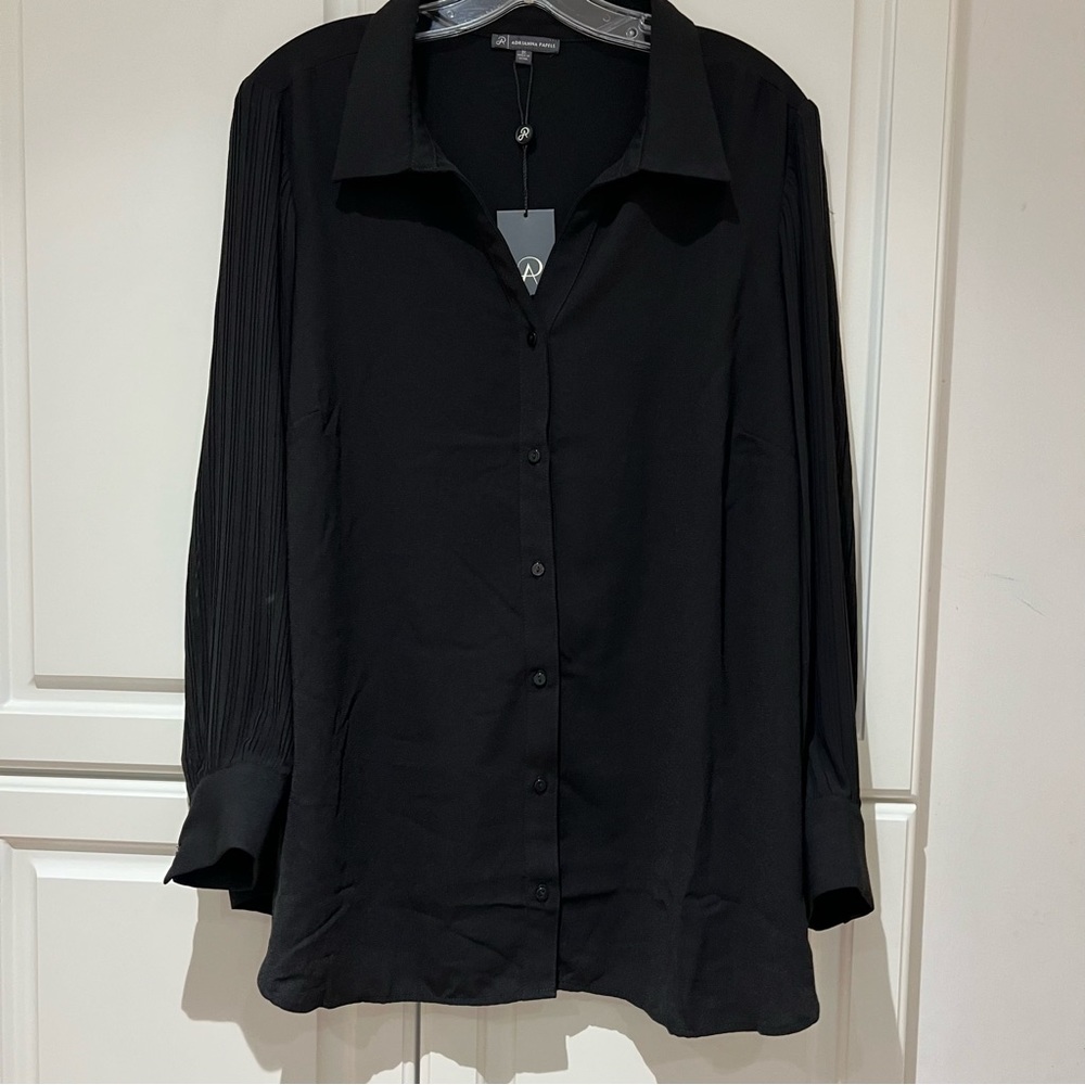 Adrianna Papell Button Down Shirt Pleated Long Sleeve Black Size 2X Blouse NWT